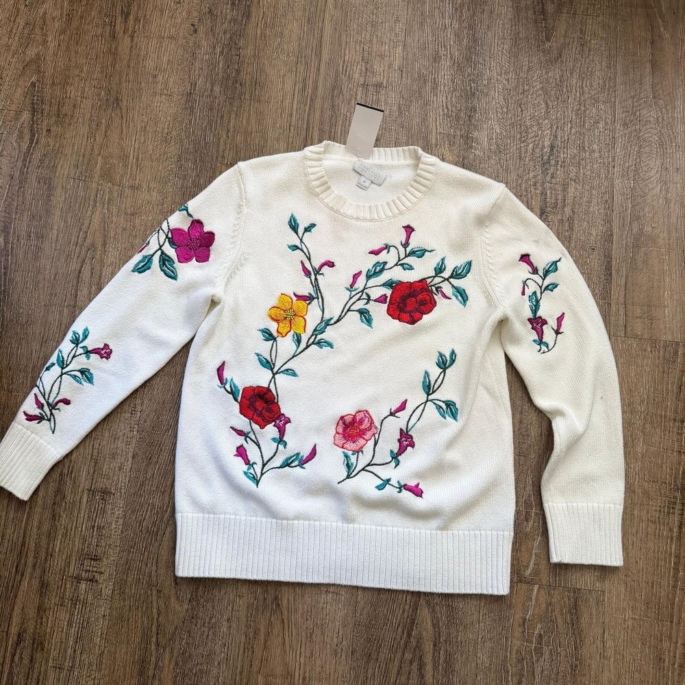 Carlisle New York Floral Embroidered Knit Sweater Ivory Medium Crew Neck EUC - Picture 3 of 4